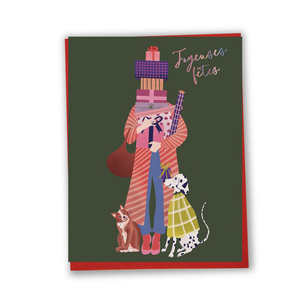 Carte Joyeux temps des Fêtes - Femme aux cadeaux