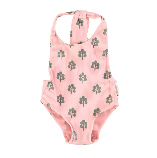 Swimsuit - Bow back, pink with green trees